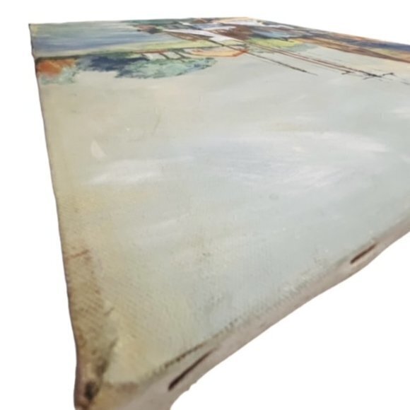 🎉PRICE REDUCED🎉 Nautical SAILBOATS AT DOCK Canvas Painting‎ 1974 Signed 20x16 - Picture 9 of 16